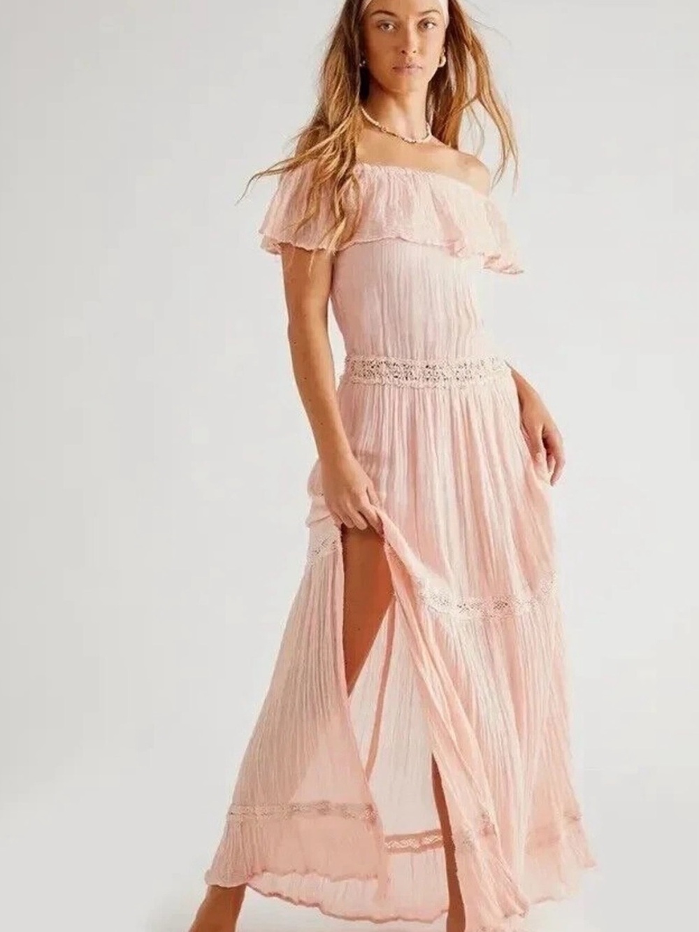 Jen’s Pirate Booty Off -Shoulder Pink Maxi Dress with Lace Trim